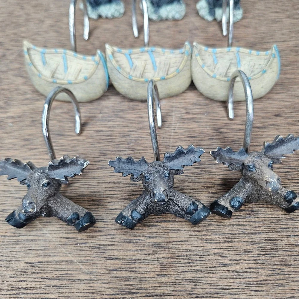 Rustic Lodge Northwoods Shower Curtain‎ Hooks Set 12 Moose Bear Loon Canoe Resin